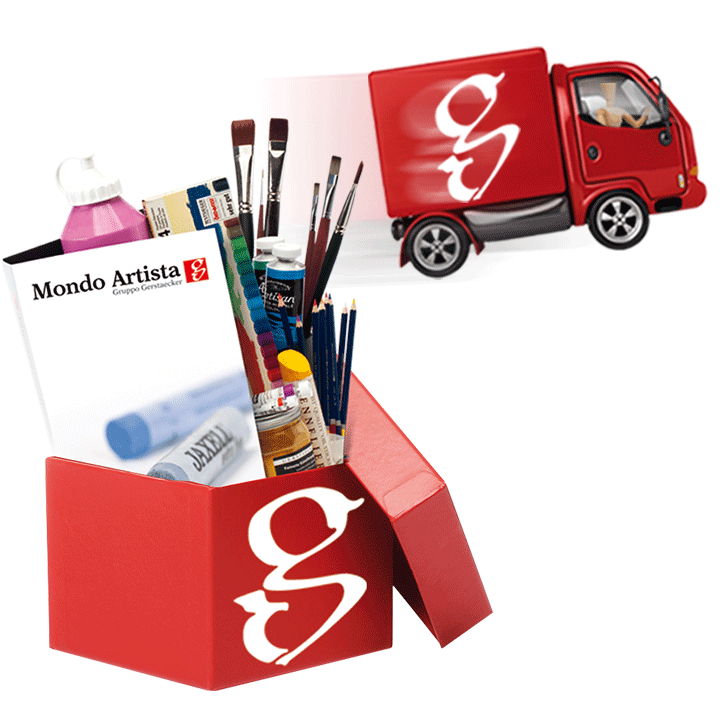 Immagine decorativa con prodotti artistici e il logo Mondo Artista